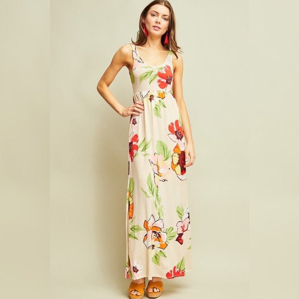 Entro floral side slit maxi dress beige orange